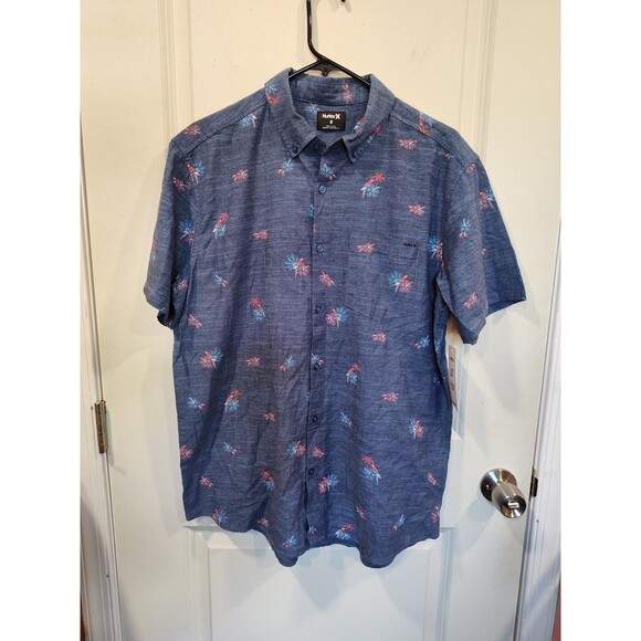 Men's Hurley OAO Stretch Short Sleeve Button Up Floral Print Blue Medium - Picture 4 of 10
